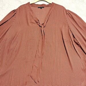 Adrianna Papell Women's 2X Blouse Brown Geometric Print Tie Neck Long Sleeve